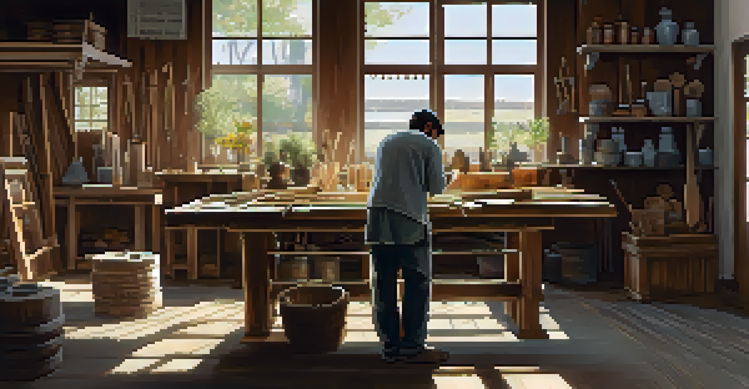 An artisan in a sunlit workshop creating furniture with eco-friendly materials, surrounded by tools and cultural artifacts.