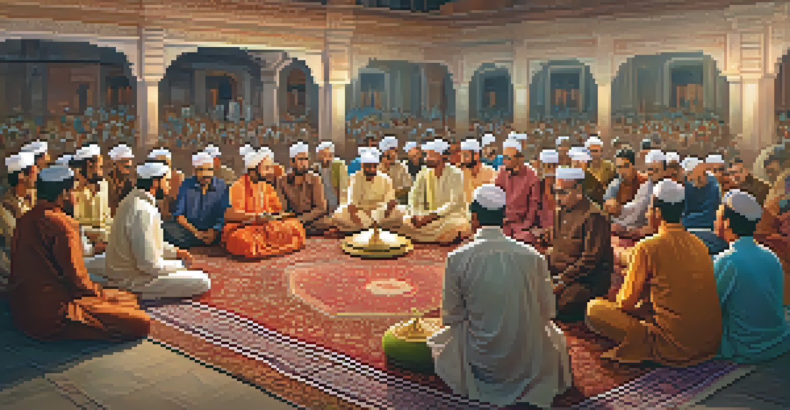 A mushaira gathering in Lucknow, showcasing poets reciting verses with an engaged audience and traditional decor.