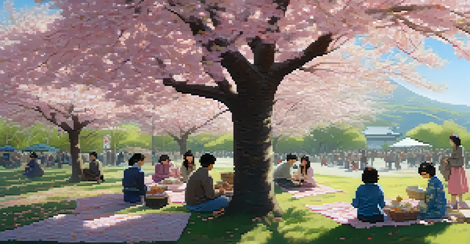 A peaceful cherry blossom festival in Japan, with families picnicking under blooming trees, surrounded by pink petals and soft sunlight.