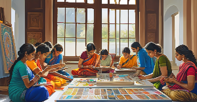 A lively art workshop with participants creating Madhubani paintings, surrounded by colorful art supplies and bright natural light.