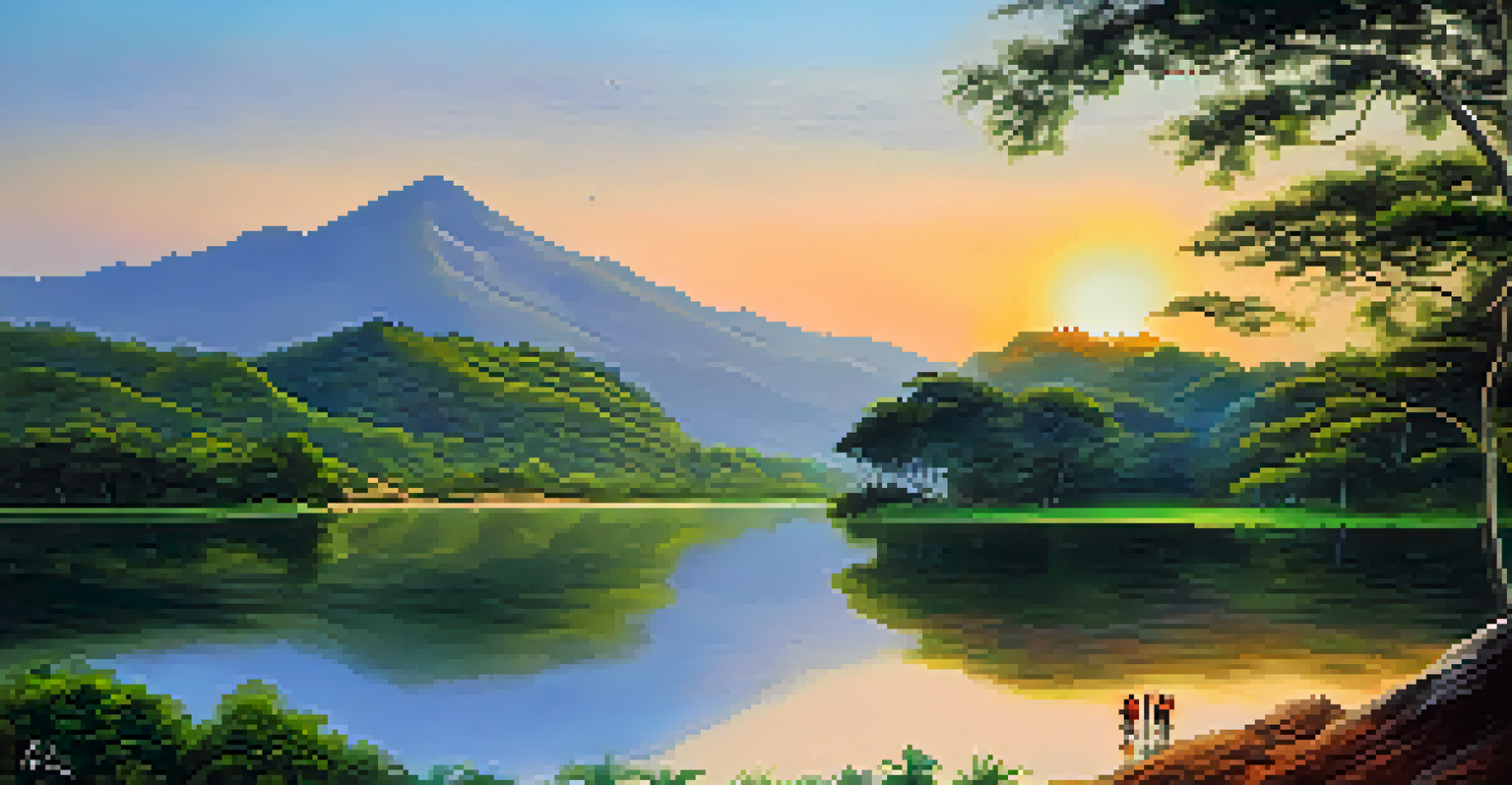A picturesque sunset over the Nilgiri Hills, showing lush greenery and a calm lake with hikers in the foreground.