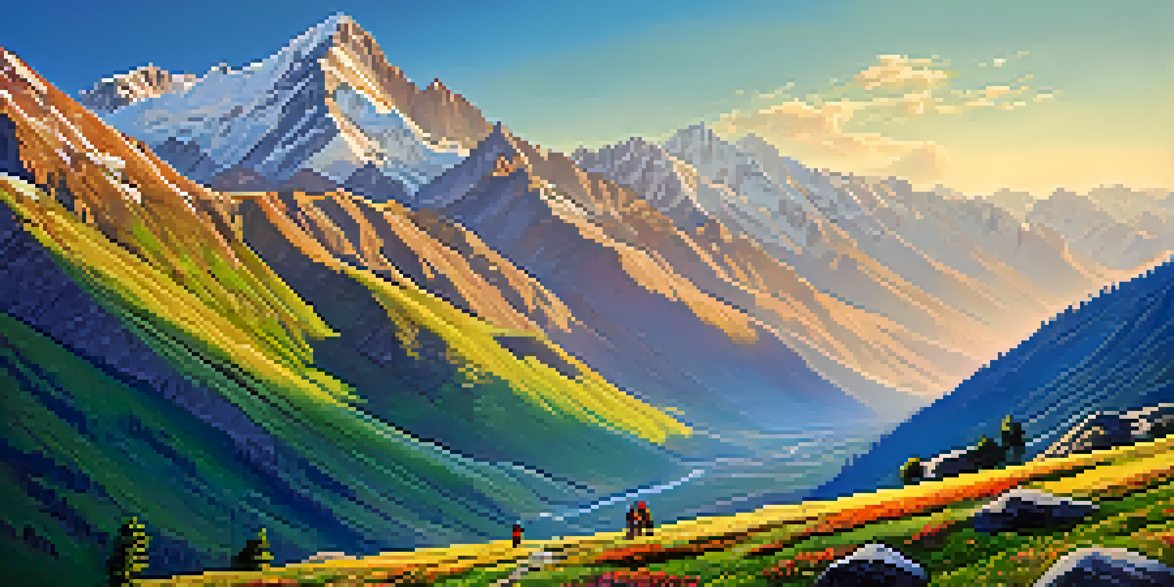 A picturesque landscape of Miyar Valley with green meadows and colorful flowers, against snow-capped mountains and a clear blue sky.