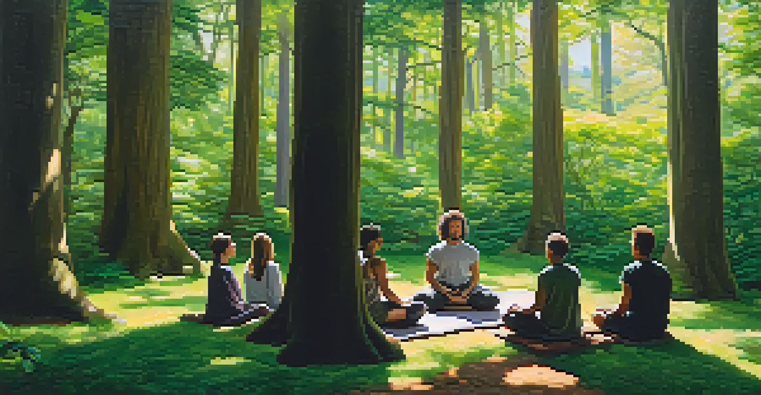 A meditation group in a forest, sitting on cushions under trees with sunlight filtering through.