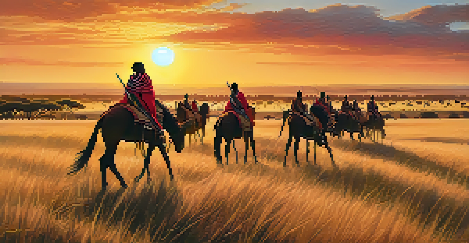 A Maasai warrior guiding tourists on a safari at sunset in the Maasai Mara, with golden skies and wildlife in the background.