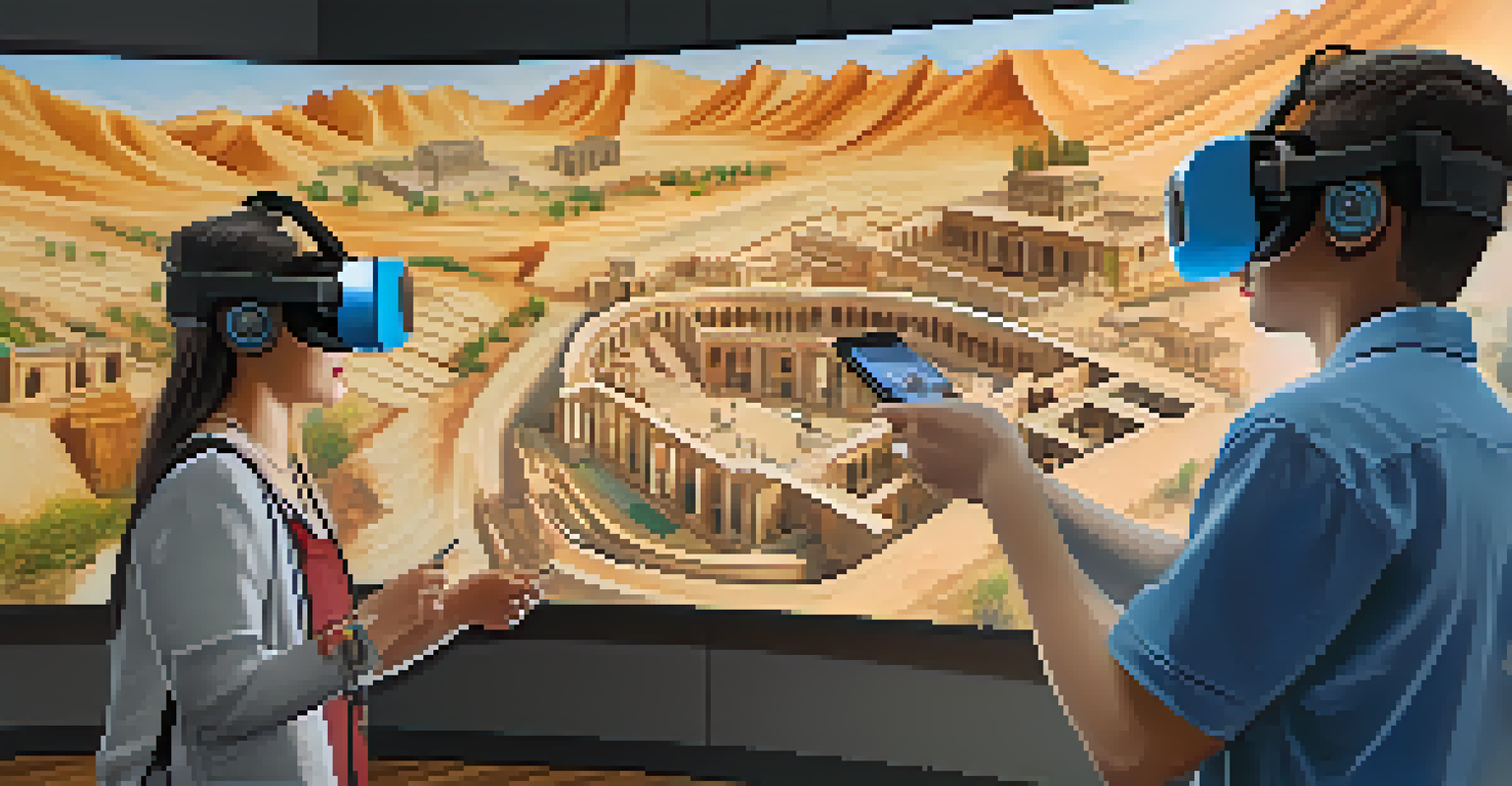 Students using virtual reality headsets to explore a historical cultural site in a classroom.