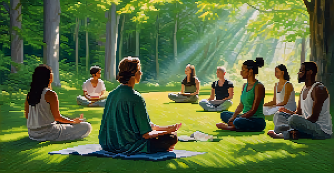 A diverse group of people meditating in a green forest surrounded by sunlight filtering through the leaves.