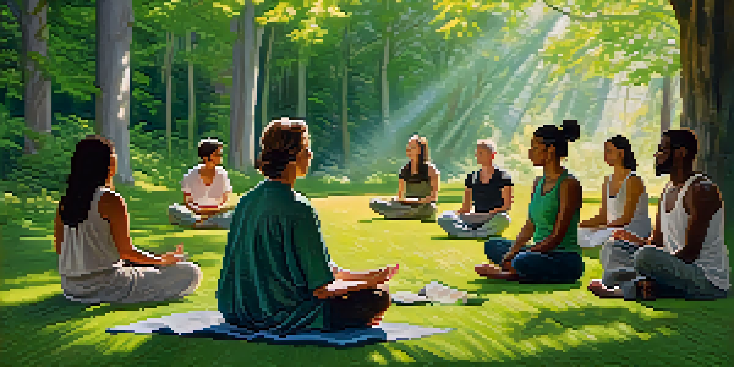 A diverse group of people meditating in a green forest surrounded by sunlight filtering through the leaves.