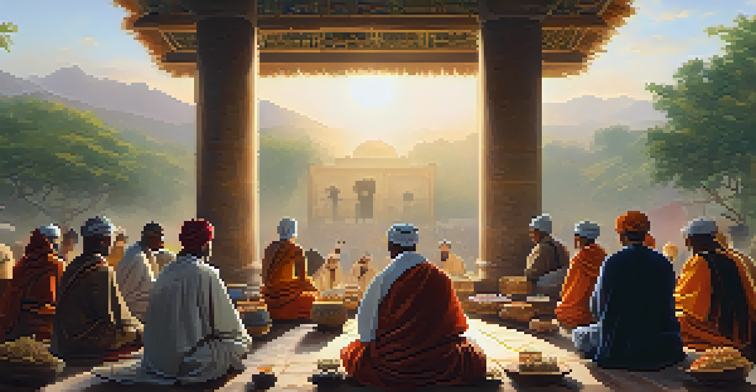 A diverse group of pilgrims at a sacred site, surrounded by ancient architecture and engaging in reflection, with soft light filtering through trees.