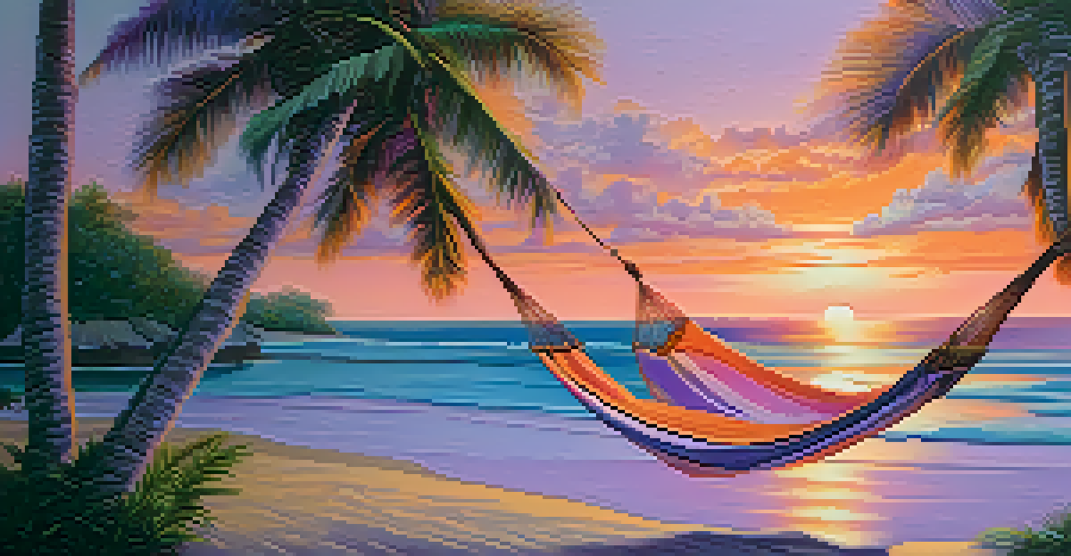 A beautiful beach at sunset with a hammock between palm trees and gentle waves on the shore.