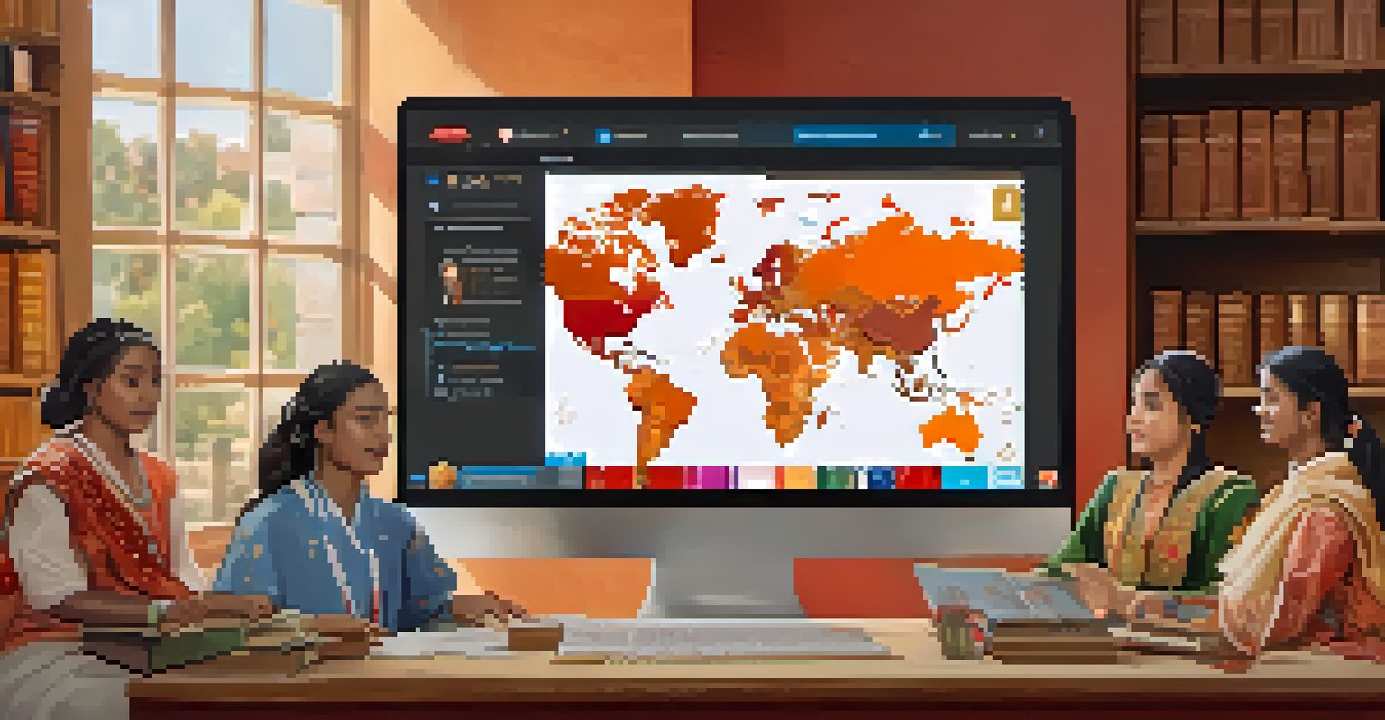 A virtual classroom showcasing students in traditional attire participating in a cultural exchange program, with educational elements in the background.