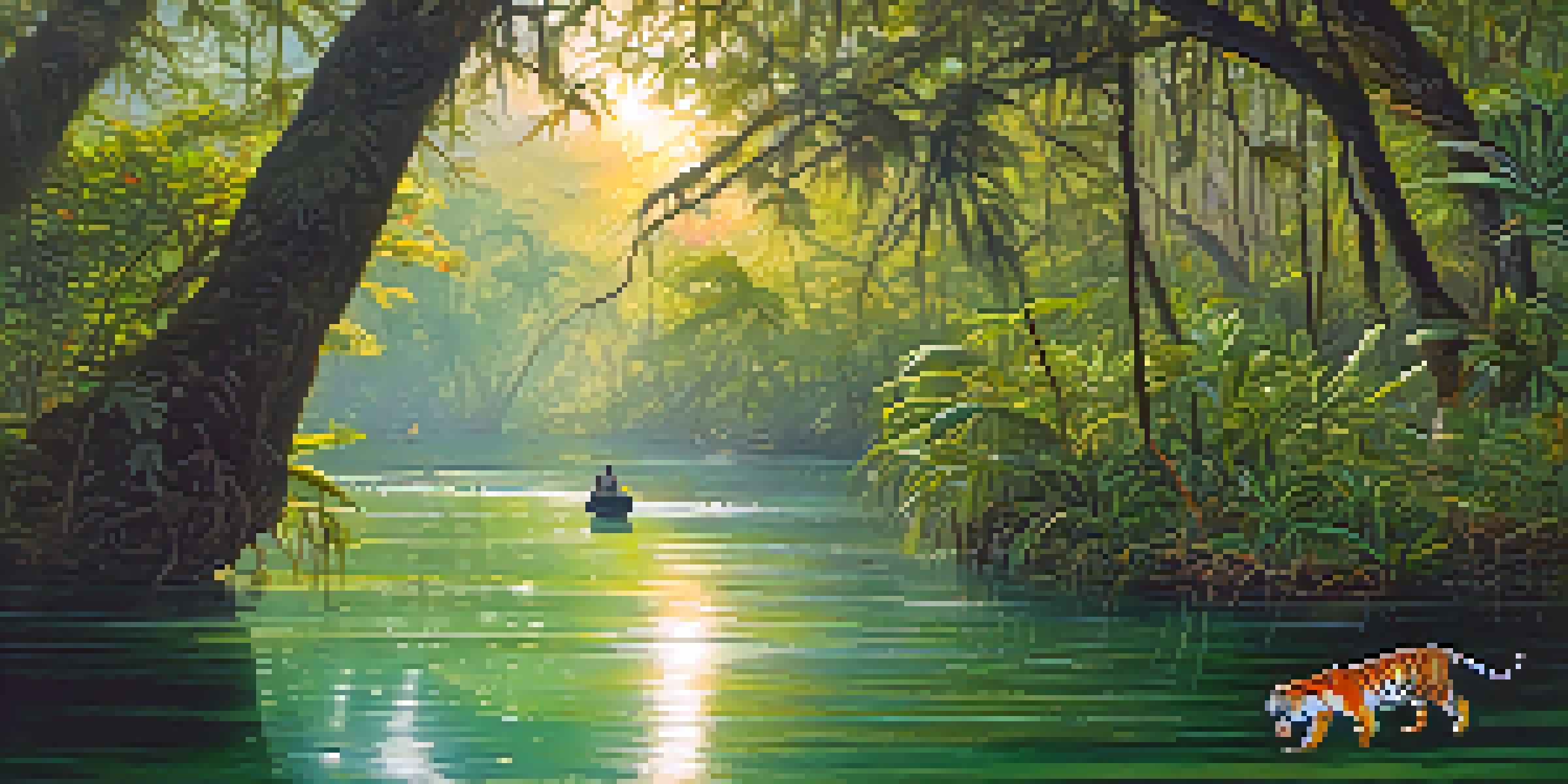 A serene view of the Sundarbans with mangrove forests and a Bengal tiger moving through the greenery, illuminated by sunlight.
