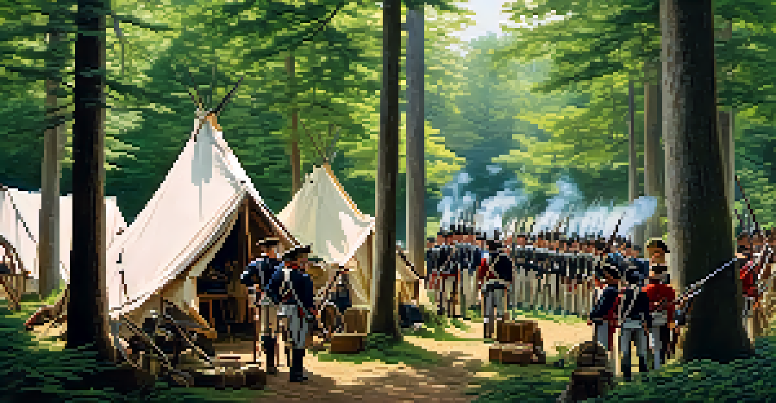 A serene Revolutionary War encampment with soldiers in period uniforms among tents and campfires in a forest setting.