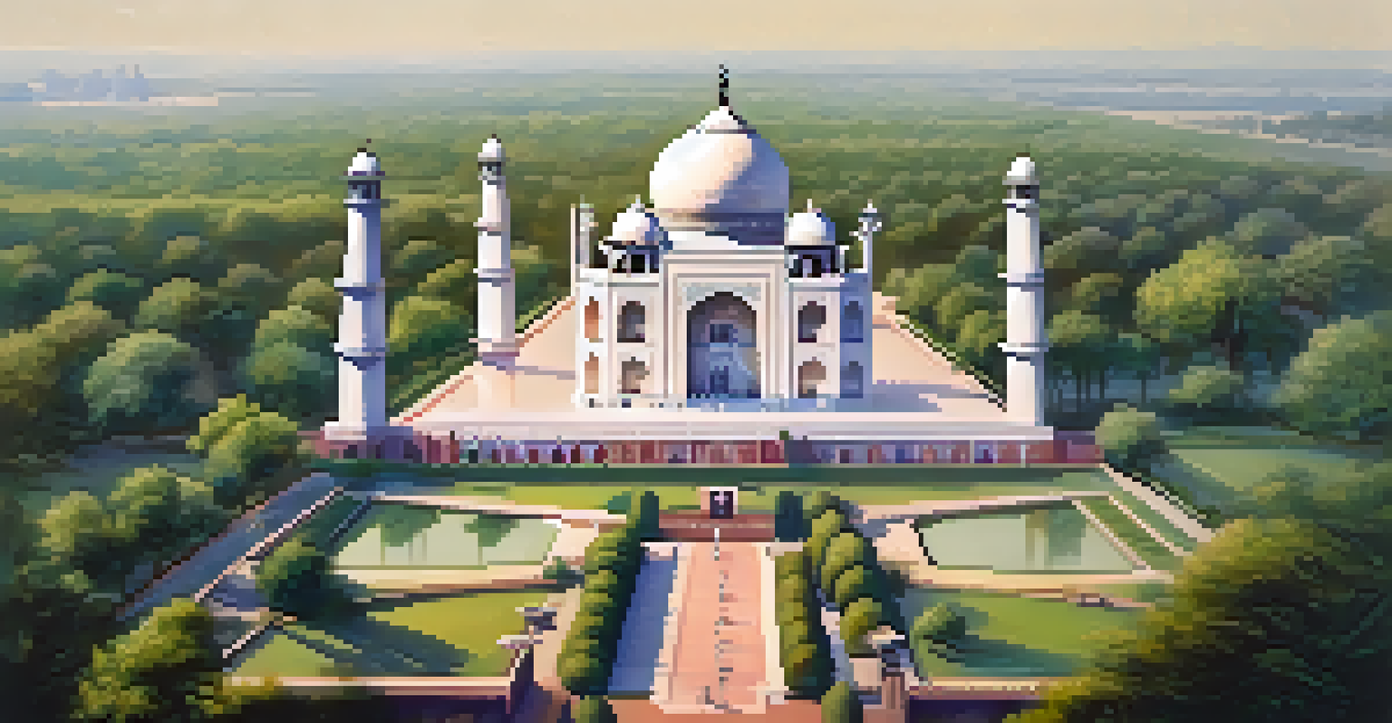 An aerial view of the Taj Mahal showing its marble structure surrounded by greenery, with a hazy atmosphere indicating air pollution.