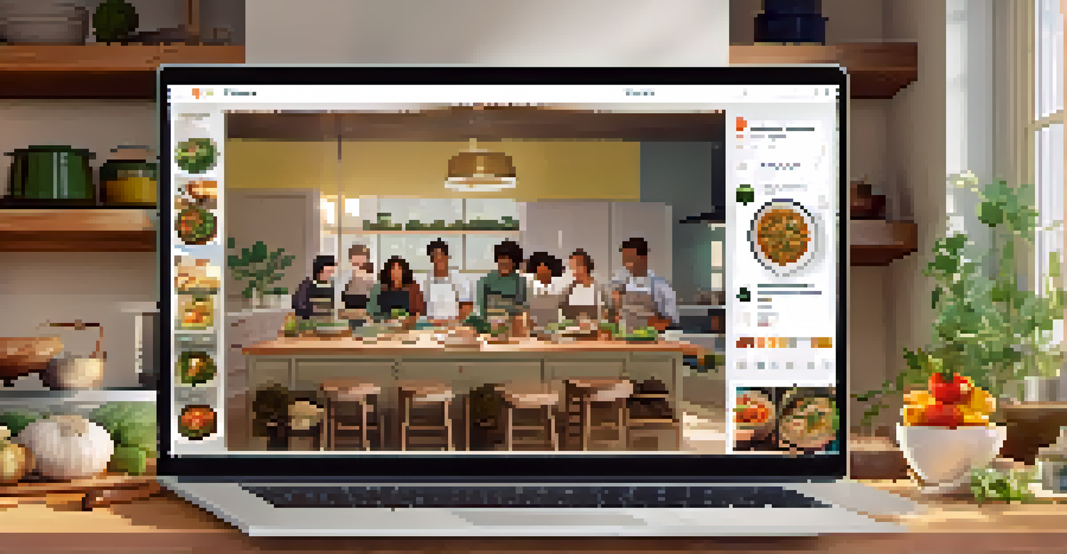 Online cooking class with diverse participants preparing traditional dishes in their kitchens via video call.