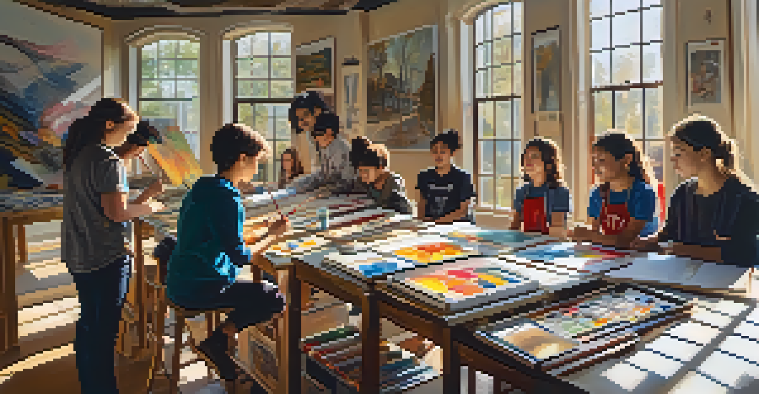 A workshop where an international artist teaches local students, surrounded by art supplies and vibrant artwork in warm sunlight.