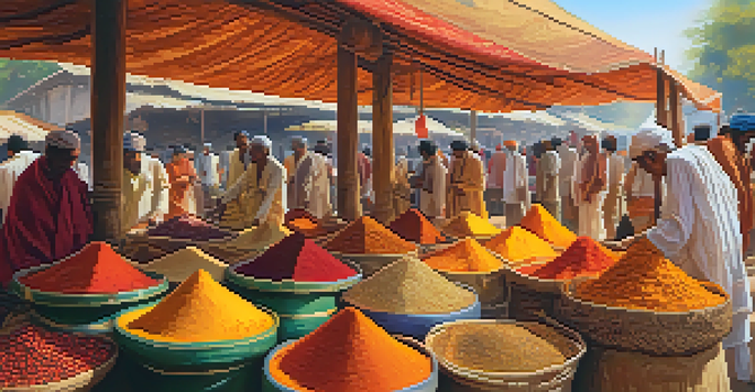 A lively market filled with colorful spices in open sacks, with vendors in traditional attire and warm sunlight filtering through.