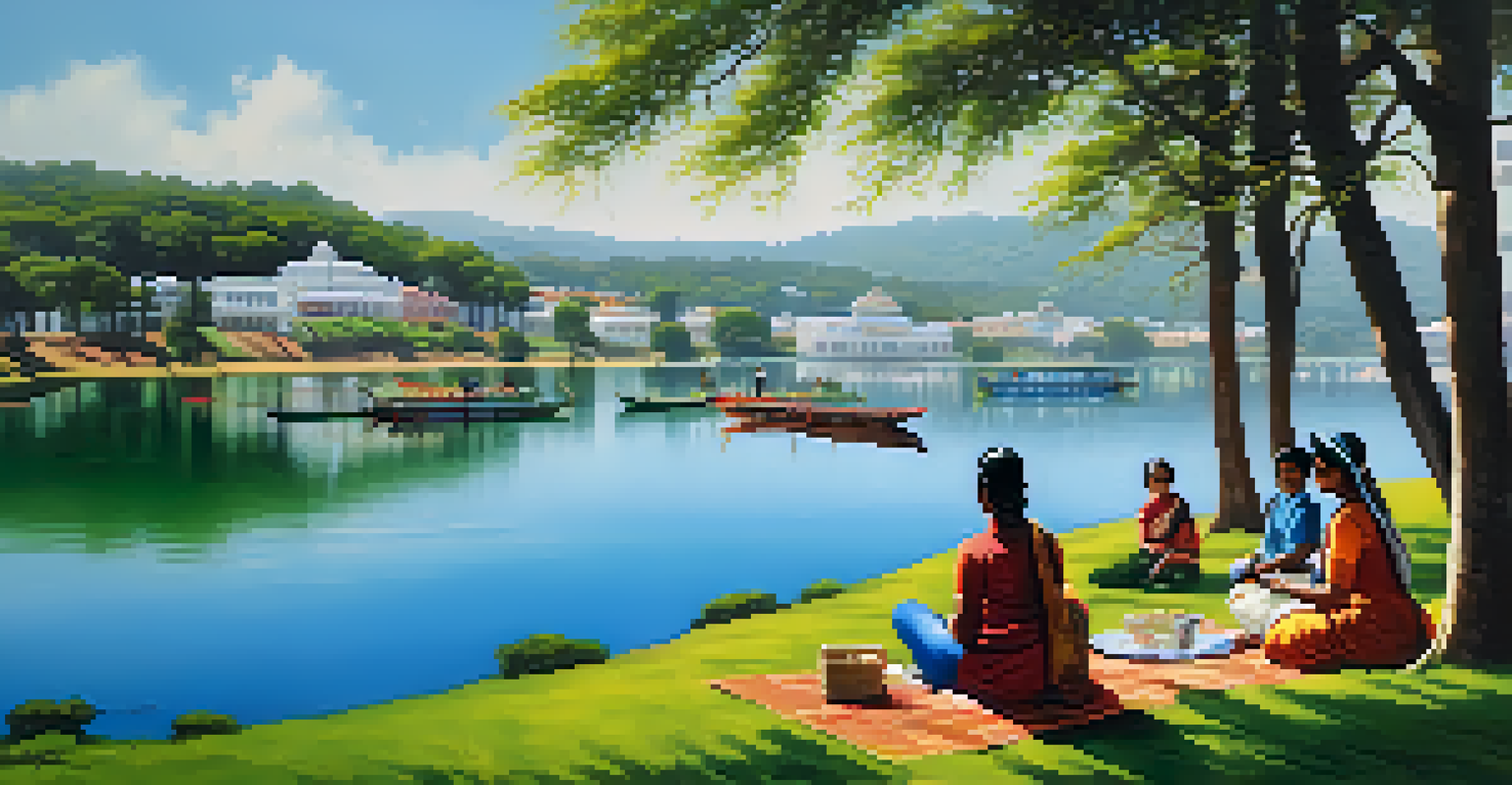 A picturesque view of Ooty Lake with families picnicking, colorful boats on the water, and colonial buildings in the background.