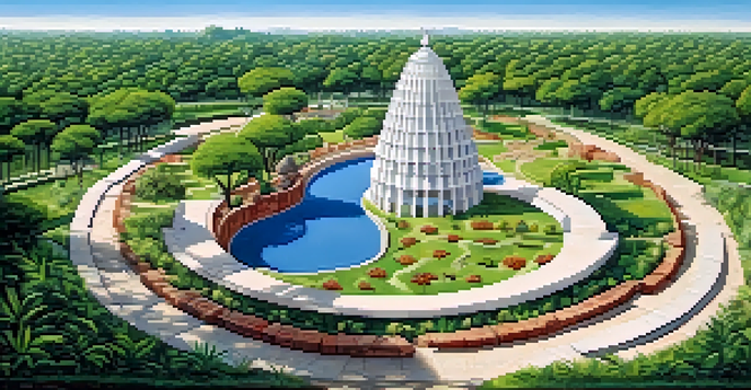 A wide view of the Rock Garden in Chandigarh, featuring unique sculptures amidst greenery and clear skies.