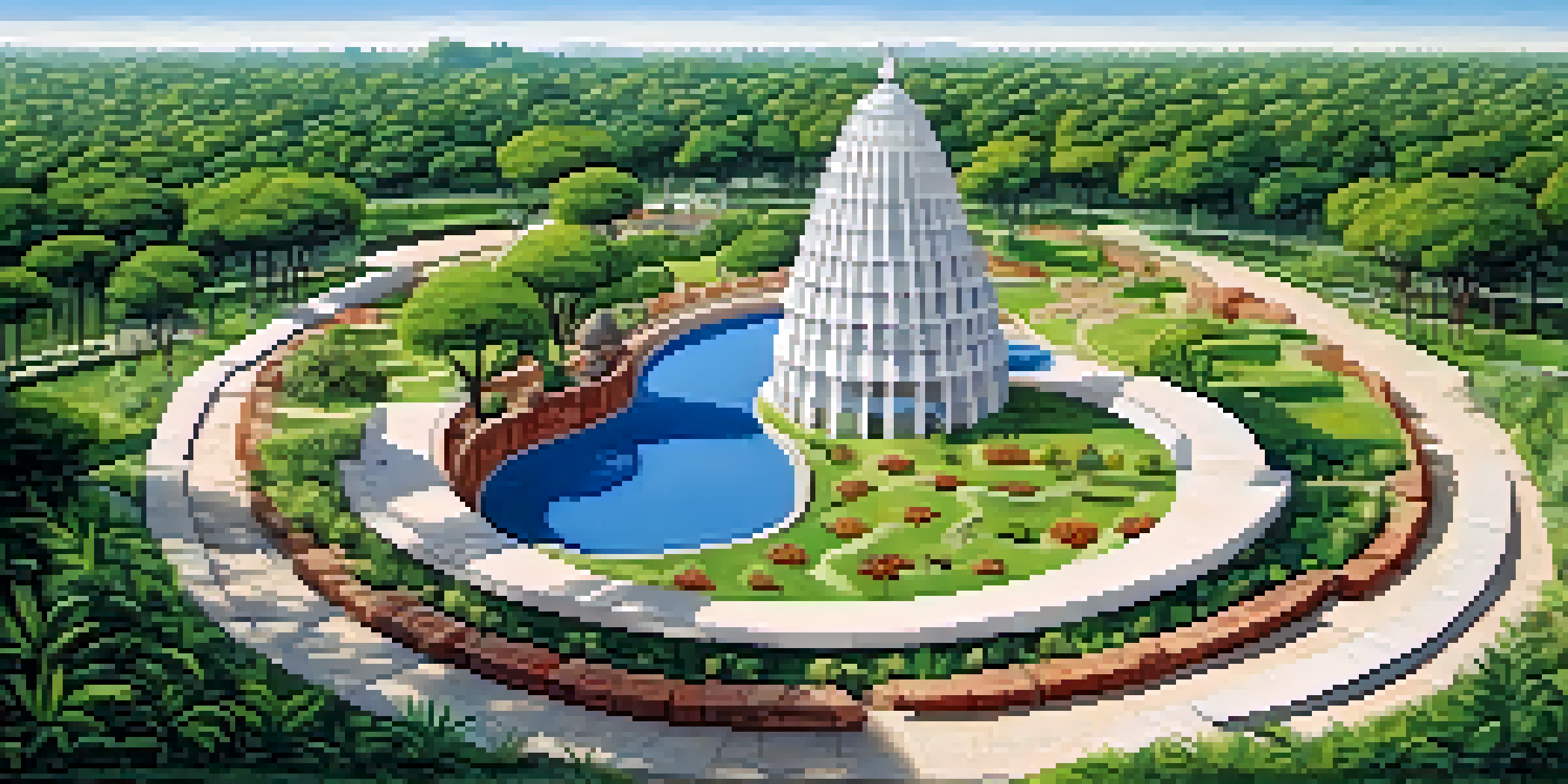 A wide view of the Rock Garden in Chandigarh, featuring unique sculptures amidst greenery and clear skies.