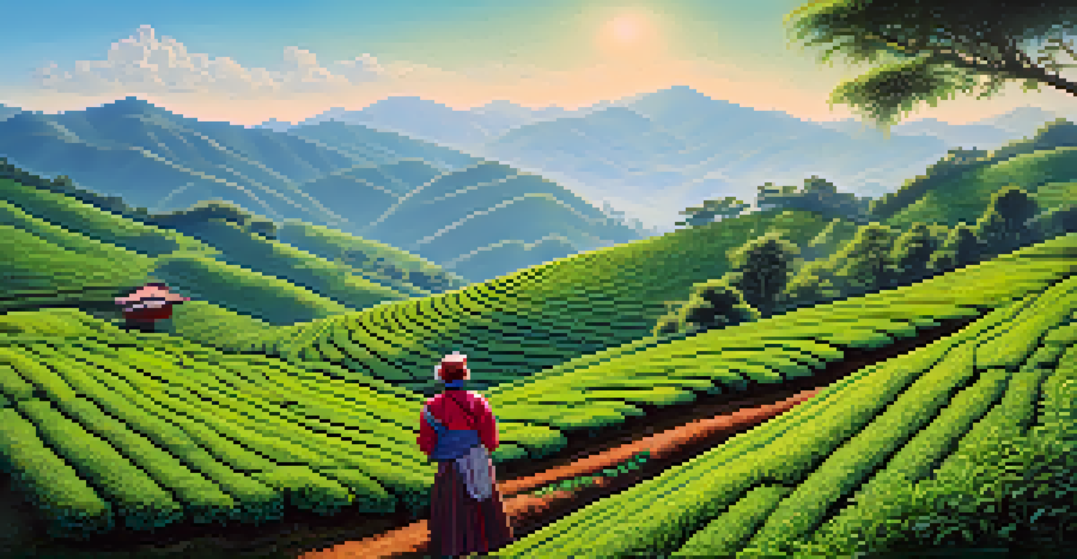 A tea picker harvesting fresh tea leaves at Makaibari Tea Estate, surrounded by rolling hills and vibrant tea bushes.