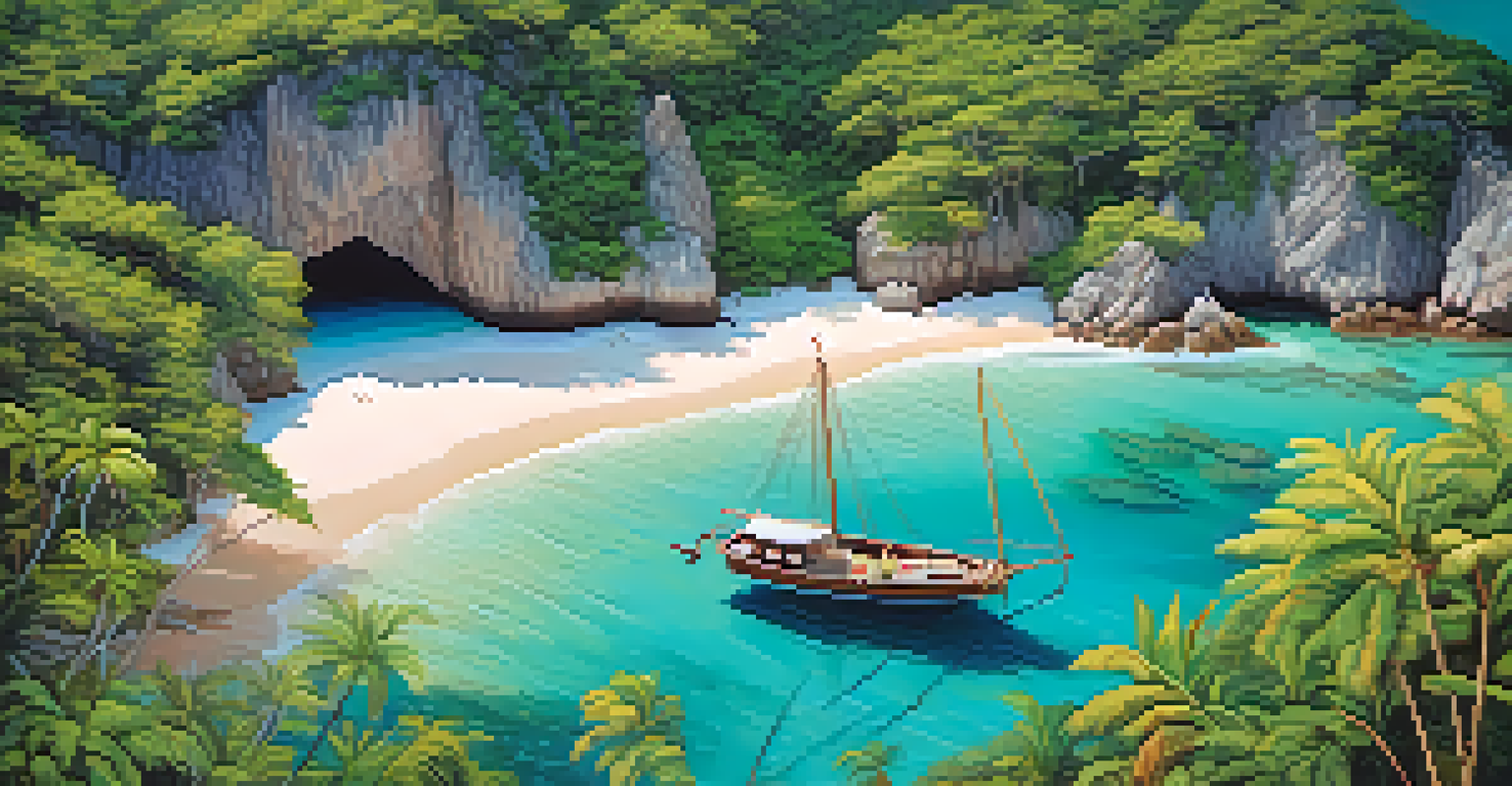 Aerial view of a hidden tropical cove with turquoise water, sandy beach, and steep cliffs covered in green vegetation.