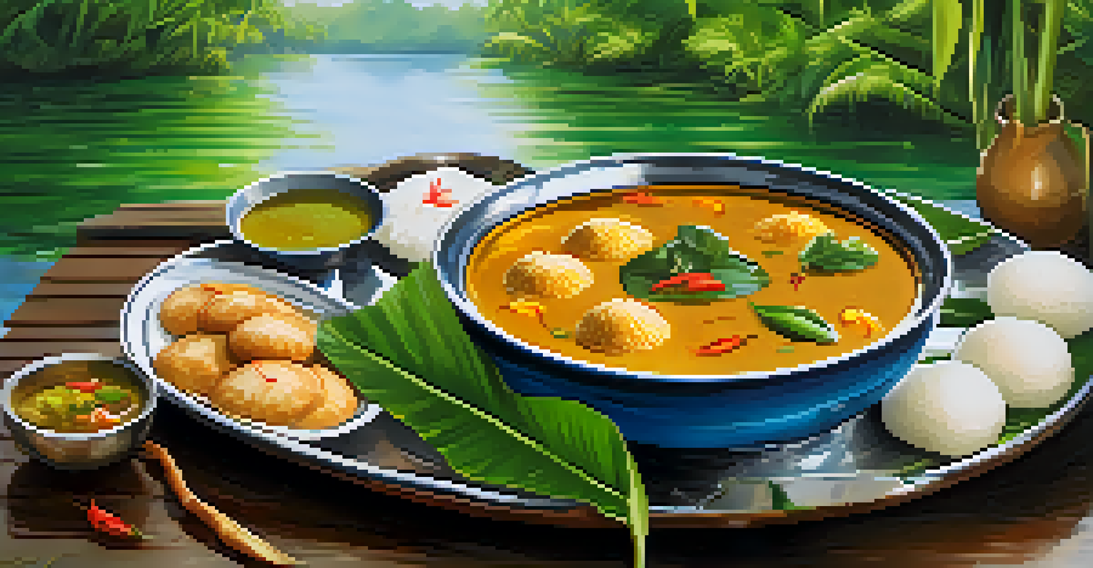 A peaceful dining setup by the Kerala backwaters with local delicacies served on the table.