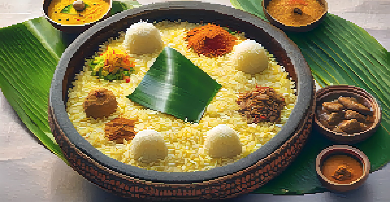 A close-up of a decorated Pongal dish in a clay pot, surrounded by traditional Tamil dishes on a banana leaf.
