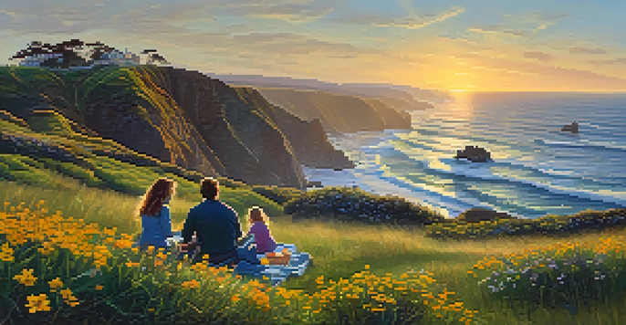 A scenic view of the Pacific Coast Highway with a family having a picnic on the grass, colorful wildflowers, and a sunset in the background.