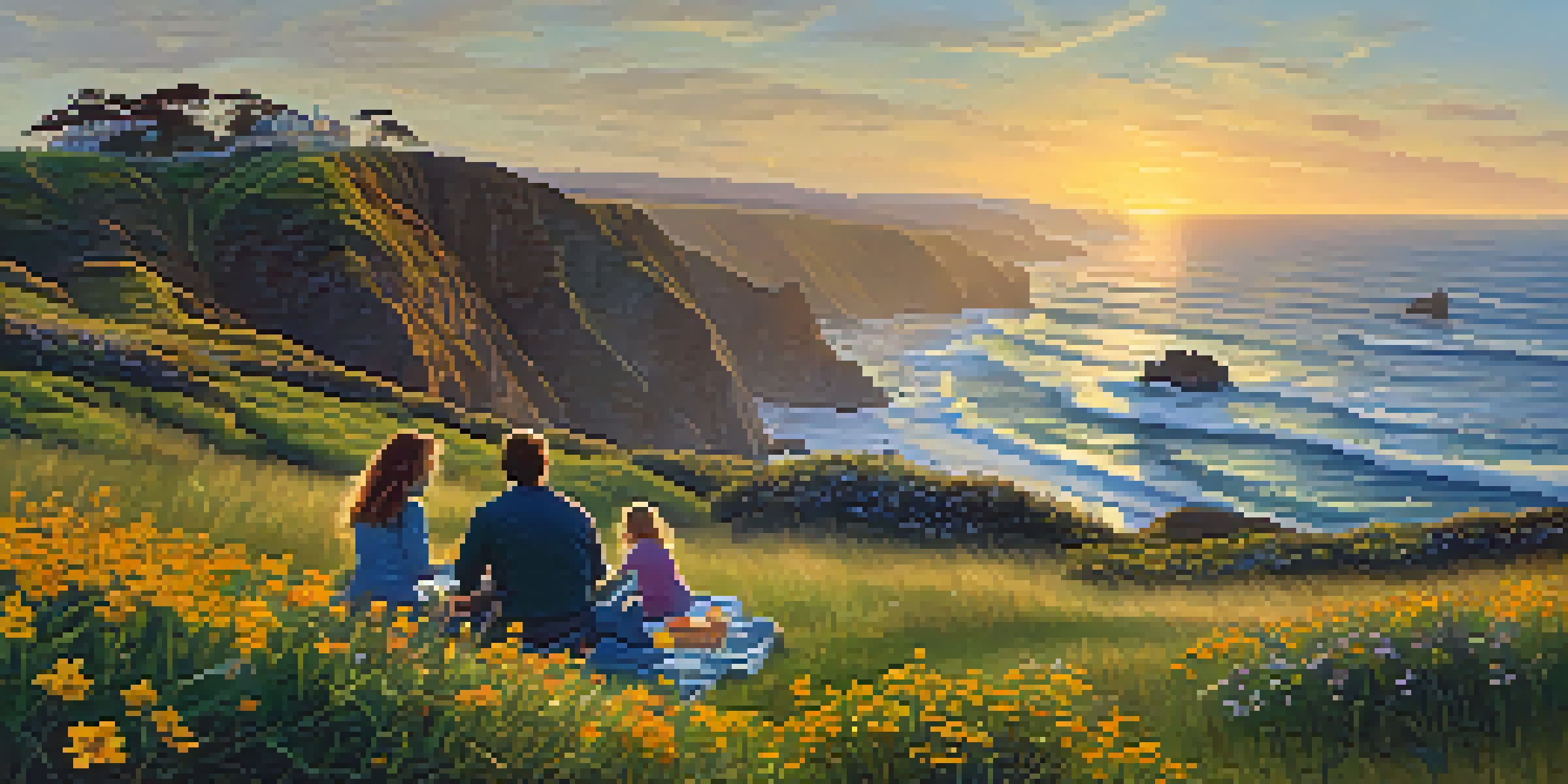 A scenic view of the Pacific Coast Highway with a family having a picnic on the grass, colorful wildflowers, and a sunset in the background.
