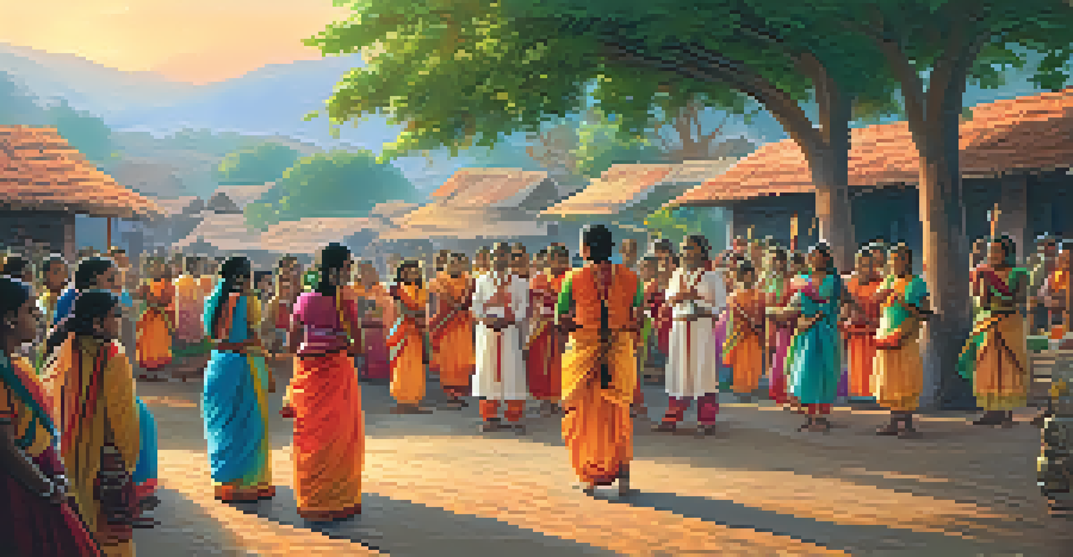 A rural Indian village during a festival, with colorful decorations and villagers dancing, as a storyteller captivates an audience under a sunset sky.