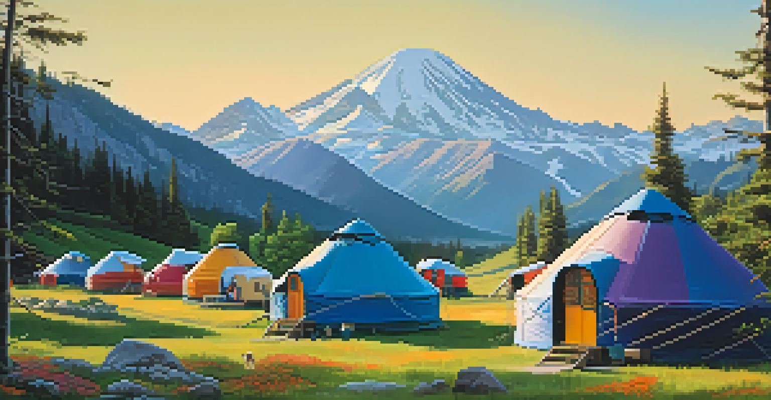 A colorful campsite with yurts on a grassy field, travelers on a nature walk, and mountains in the background.