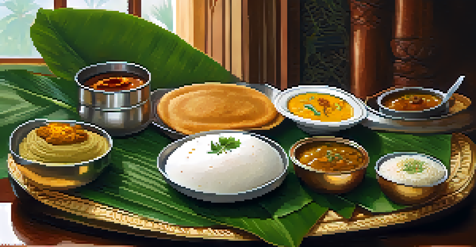 A traditional South Indian breakfast served on a banana leaf, including dosa, idli, sambar, and chutneys, set in a cozy dining room.