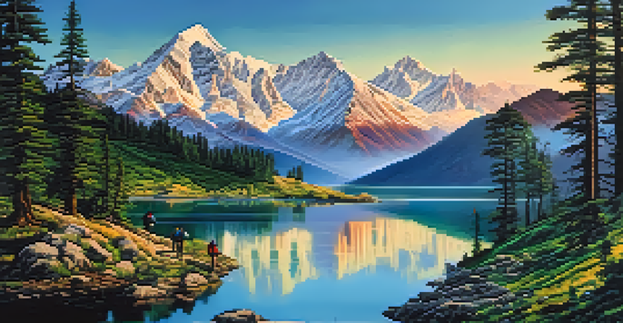 A scenic view of the Himalayan mountains at sunrise with a lake in the foreground and trekkers on a trail.