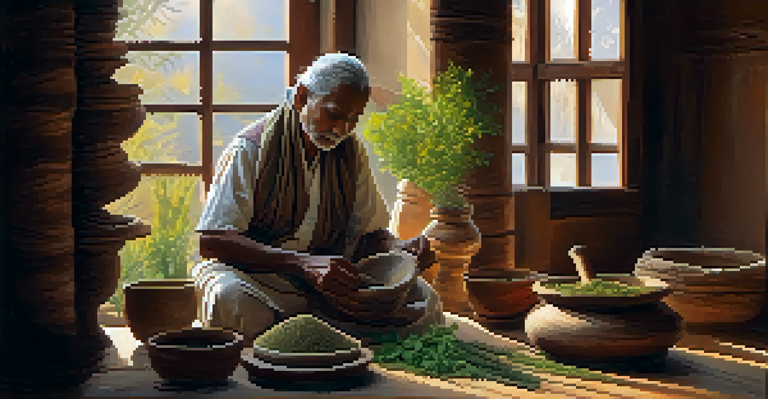 An elderly Indian herbalist grinding herbs with a mortar and pestle, bathed in soft sunlight.