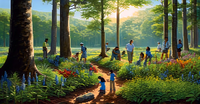A diverse group of people planting trees in a national park, surrounded by greenery and sunlight.