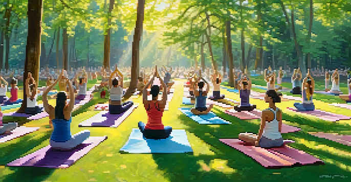 A group of people practicing yoga outdoors in a sunny clearing surrounded by trees.