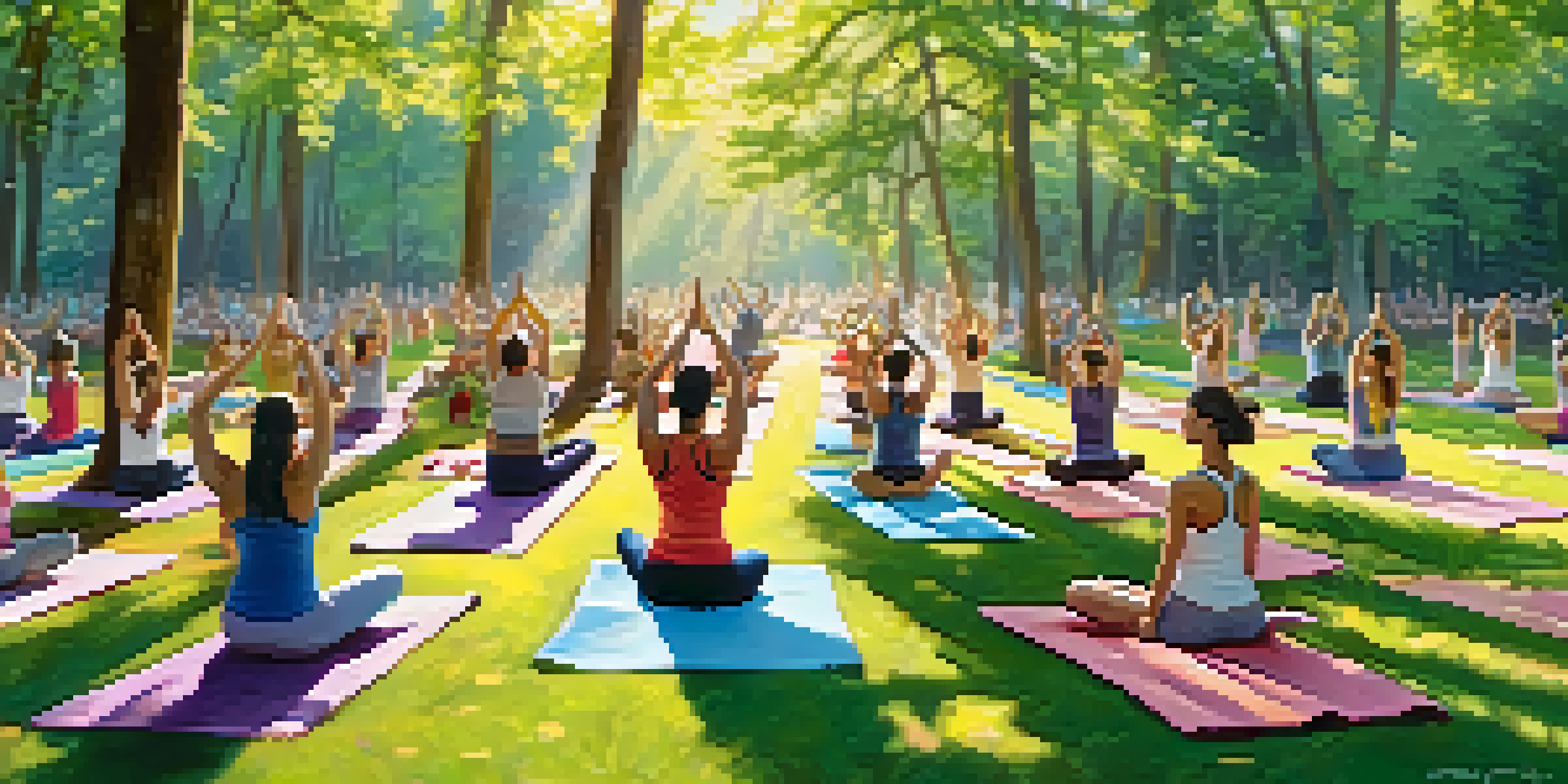 A group of people practicing yoga outdoors in a sunny clearing surrounded by trees.
