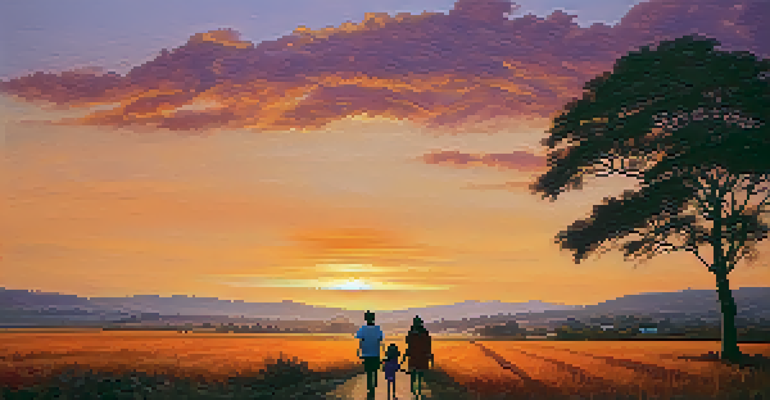 A volunteer and a local child walking together towards a sunset over a rural landscape.