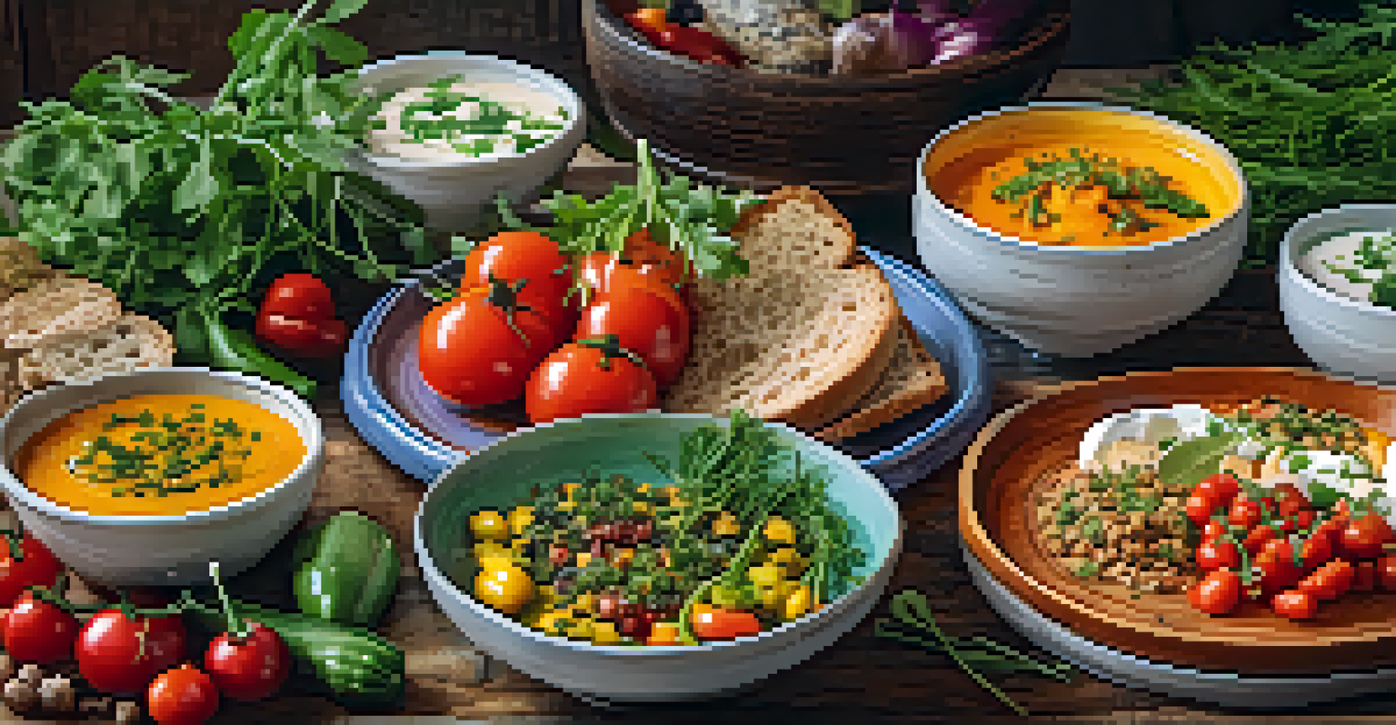 A close-up of a plate filled with colorful locally sourced dishes including seasonal vegetables and artisan bread, arranged on a rustic wooden table.