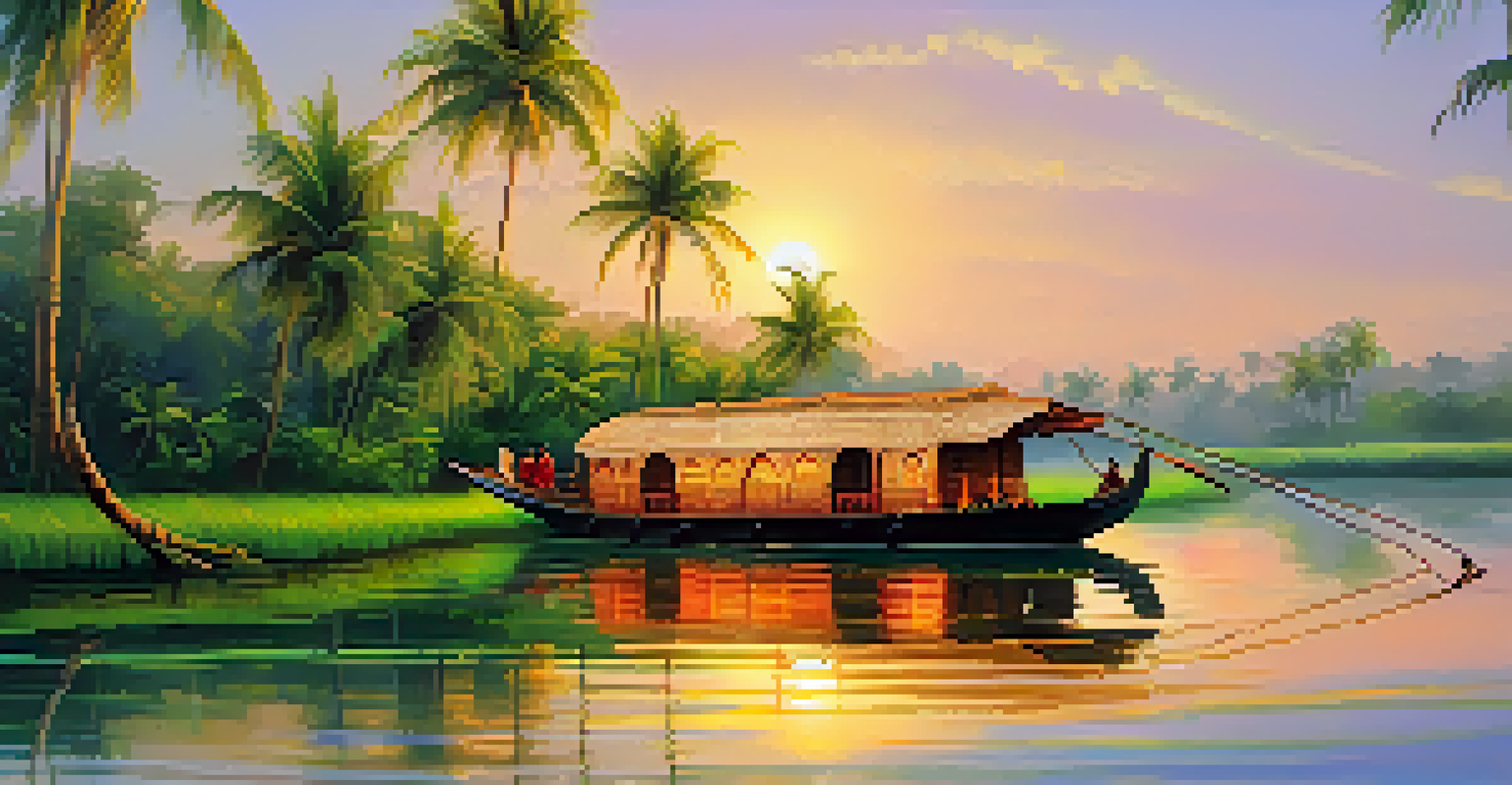A houseboat in the backwaters of Kerala, with fishermen and local villages in the background during sunset.