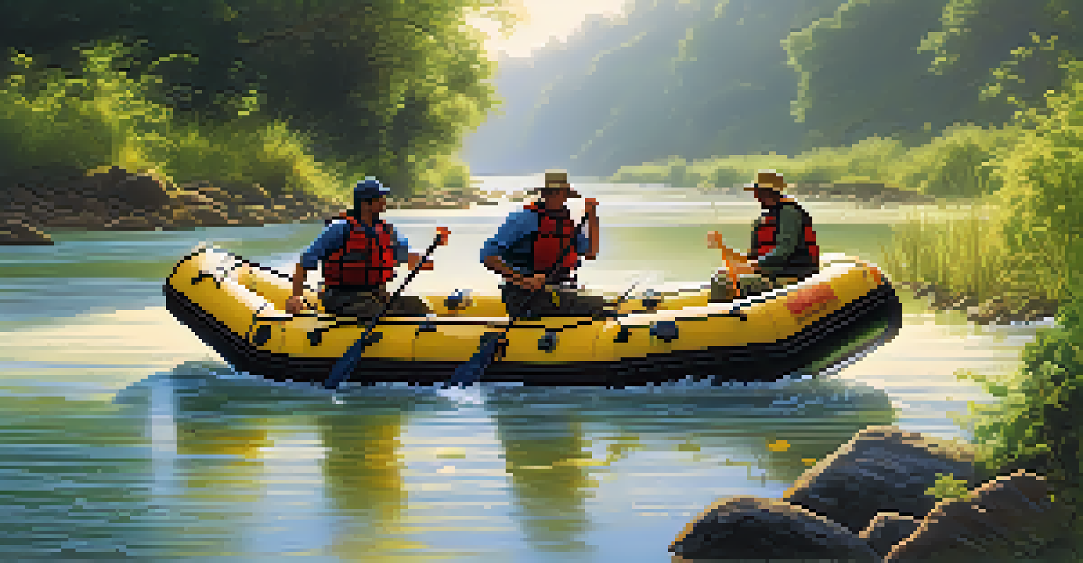 A group of eco-conscious rafters paddling down a misty river, with vibrant greenery and wildlife visible along the banks, all under soft morning light.