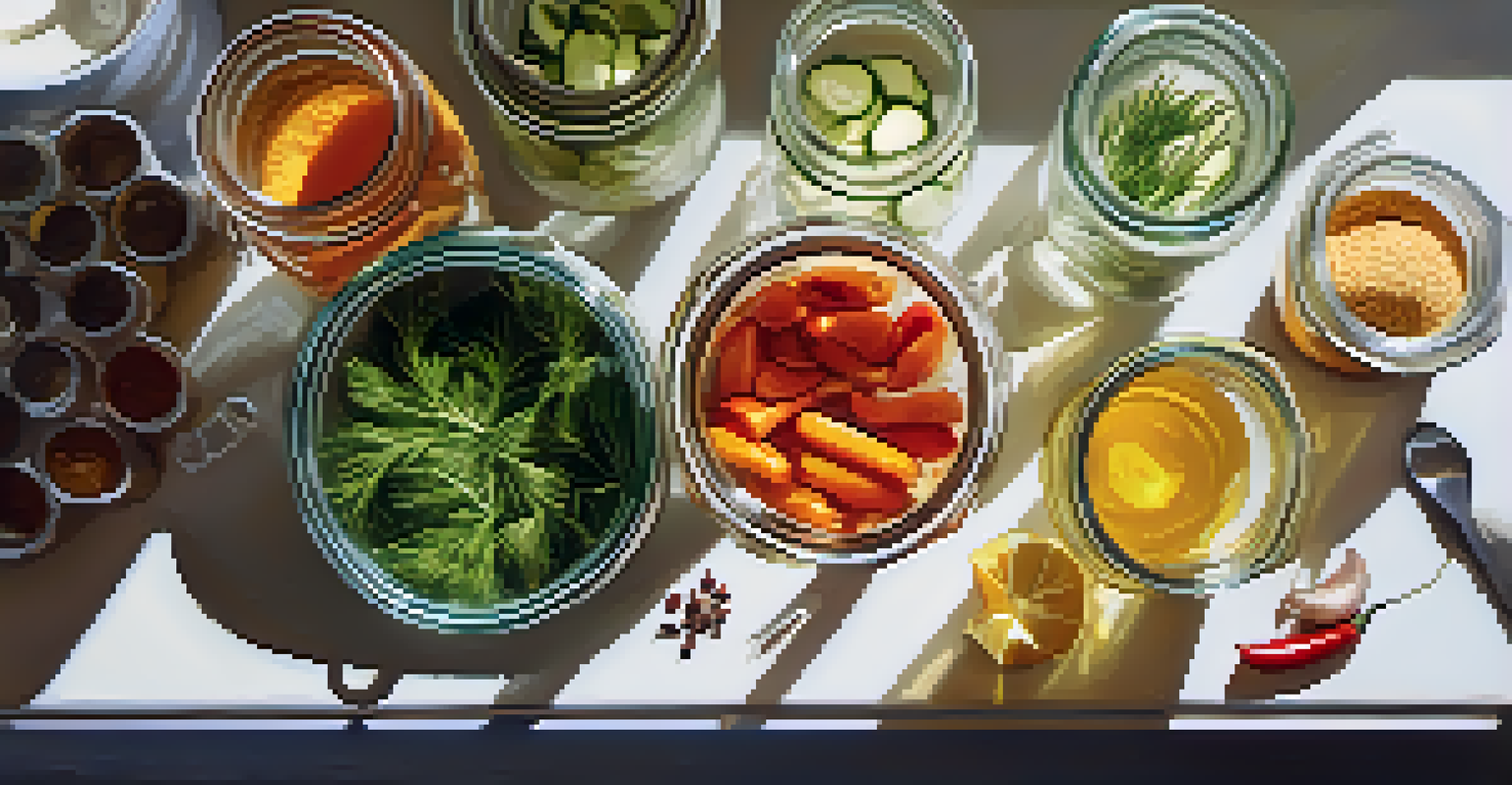 A kitchen countertop with a glass jar of vegetables in brine, surrounded by spices, illuminated by sunlight.