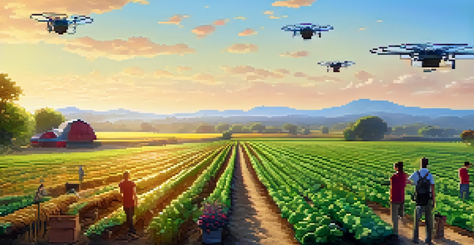 A farmer using a tablet in a sunlit farm, surrounded by healthy crops and tourists, with drones flying above.