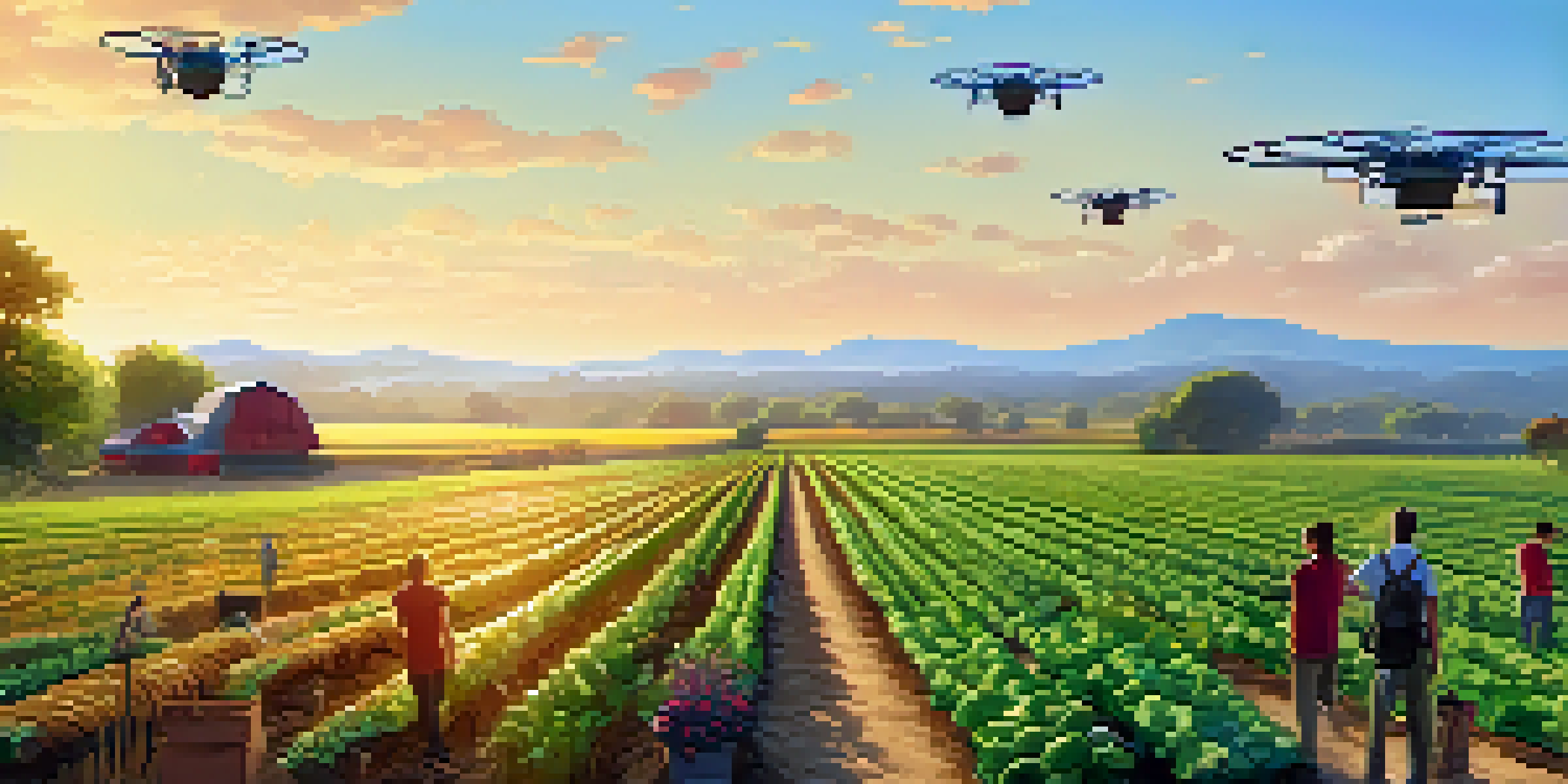A farmer using a tablet in a sunlit farm, surrounded by healthy crops and tourists, with drones flying above.