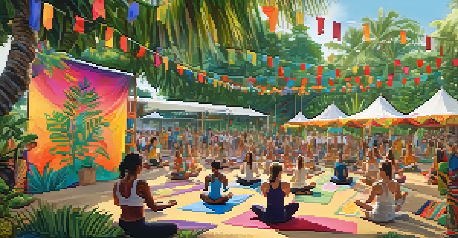 An outdoor festival with yoga classes and art installations surrounded by lush greenery and colorful decorations.