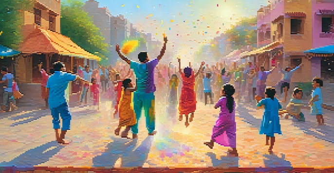 A family joyfully celebrating Holi, throwing colored powders and splashing water in a vibrant neighborhood.