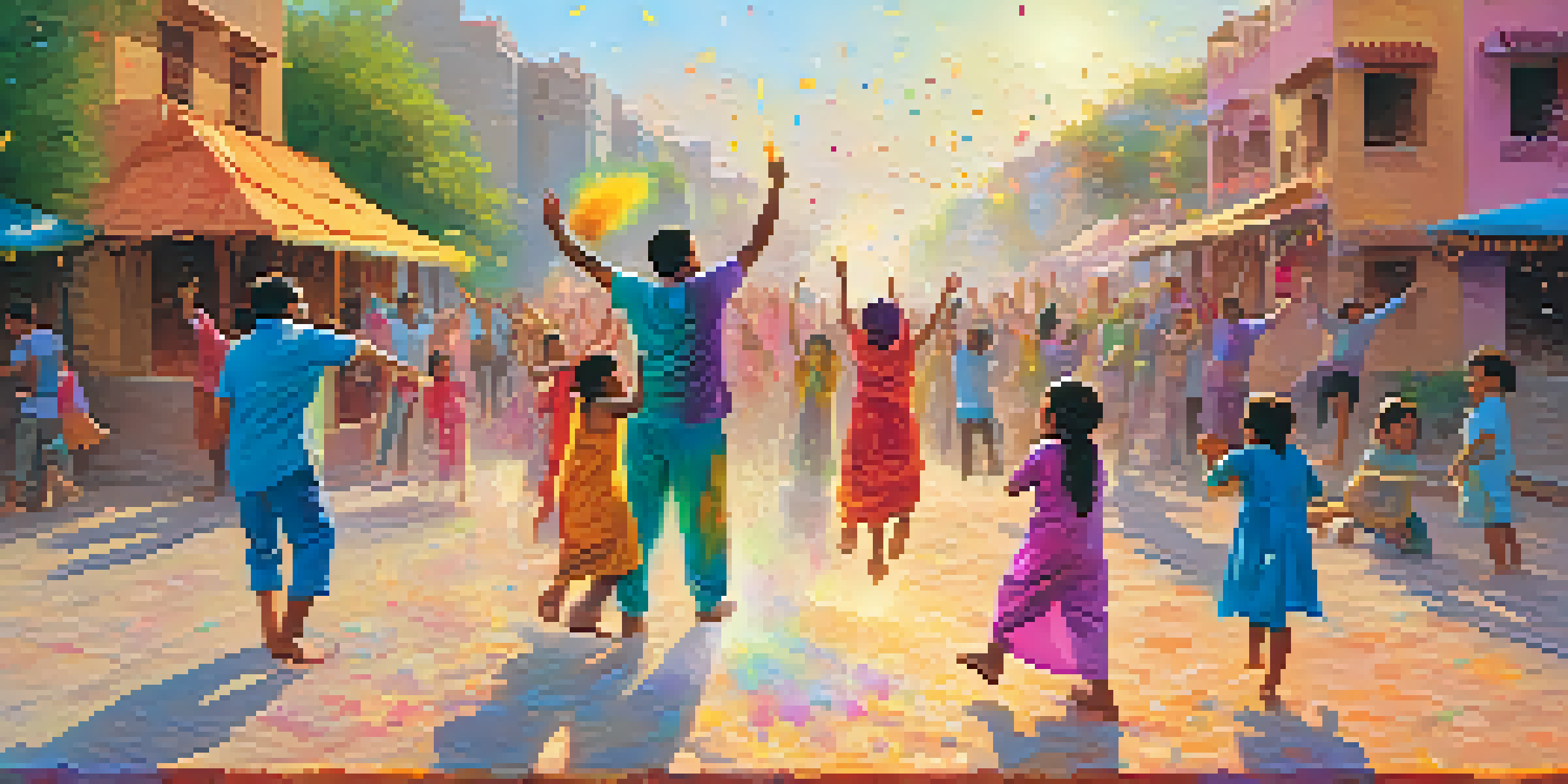 A family joyfully celebrating Holi, throwing colored powders and splashing water in a vibrant neighborhood.