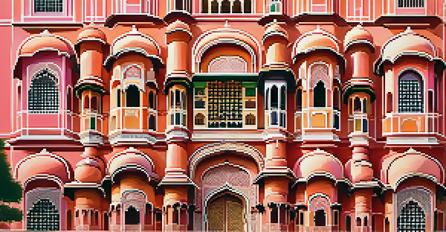 Hawa Mahal in Jaipur at golden hour, highlighting its intricate pink architecture and bustling street life below.
