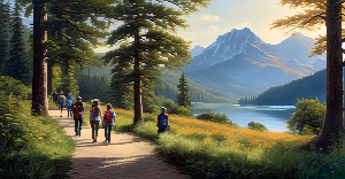 A peaceful national park with diverse tourists participating in a guided nature walk alongside a local guide, surrounded by lush greenery, a lake, and mountains under golden sunlight.