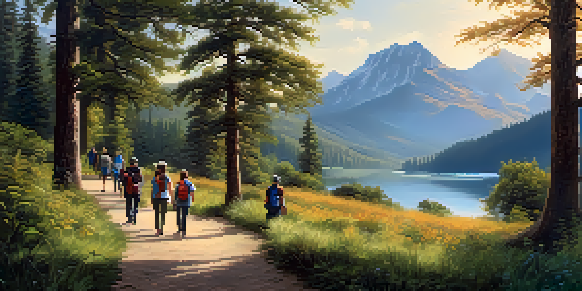 A peaceful national park with diverse tourists participating in a guided nature walk alongside a local guide, surrounded by lush greenery, a lake, and mountains under golden sunlight.